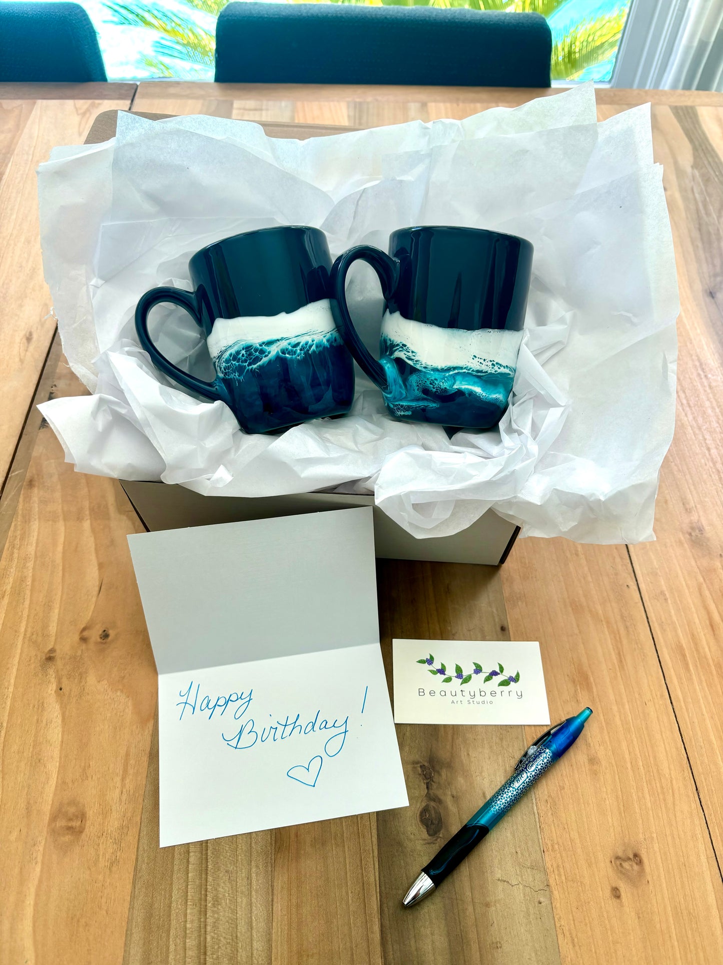 Pair of Ocean Wave Inspired Ceramic Mugs - Blue