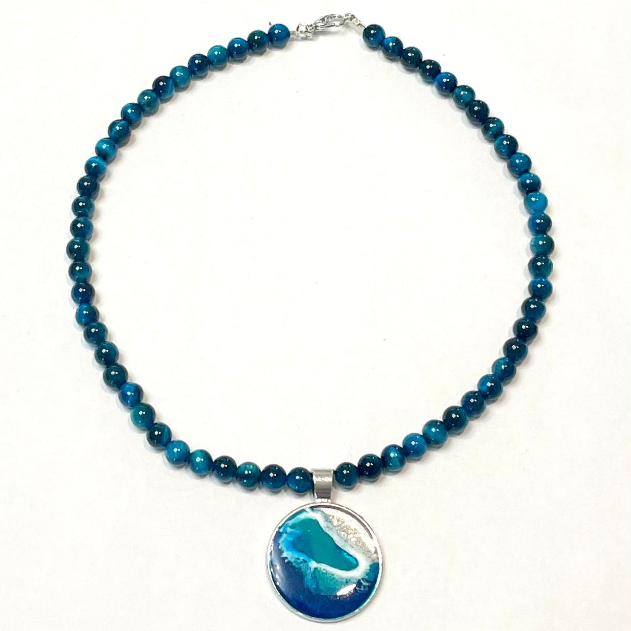 Natural Gemstone Beaded Necklace with Wave-Inspired Resin Pendant