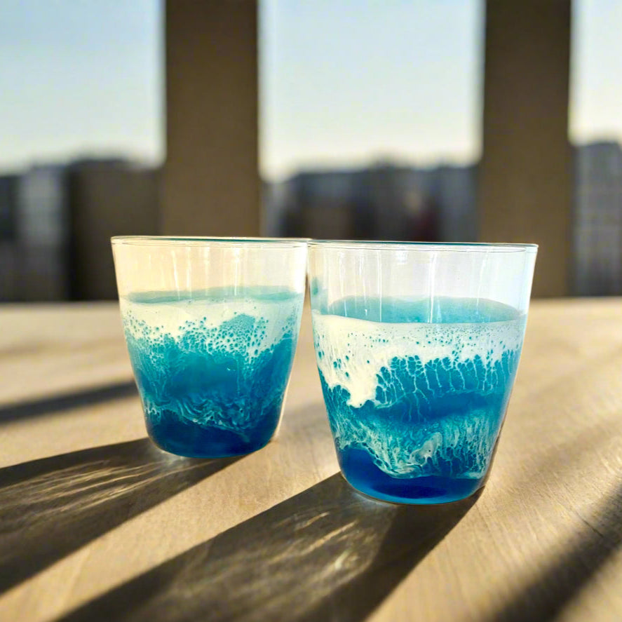 Pair Of Ocean Inspired Whiskey Glasses with Hand Poured Resin Waves