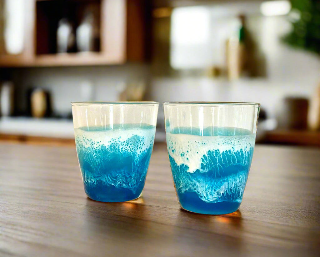 Pair Of Ocean Inspired Whiskey Glasses with Hand Poured Resin Waves