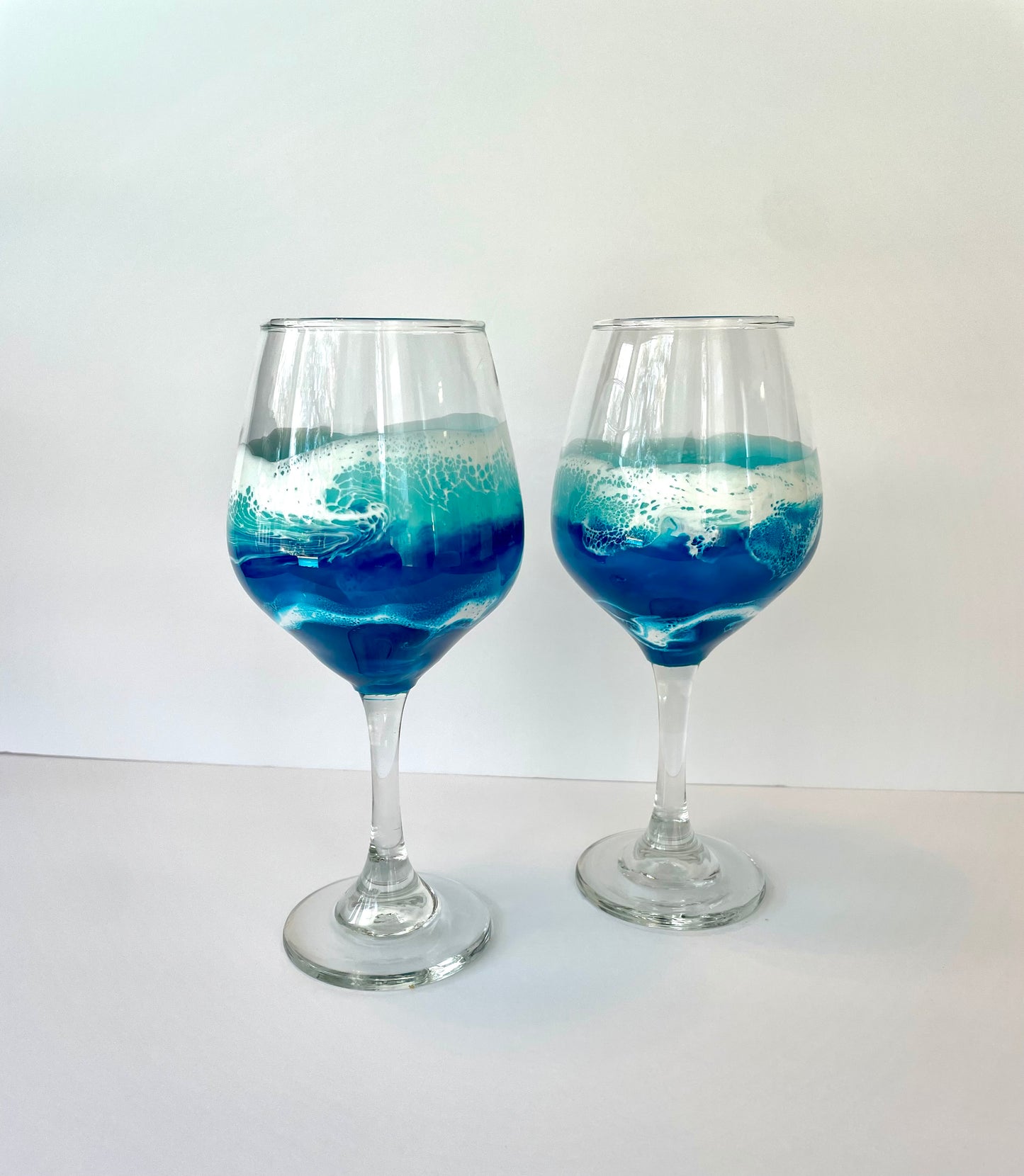 Pair of Ocean Inspired Stemmed Wine Glasses with Hand Painted Resin