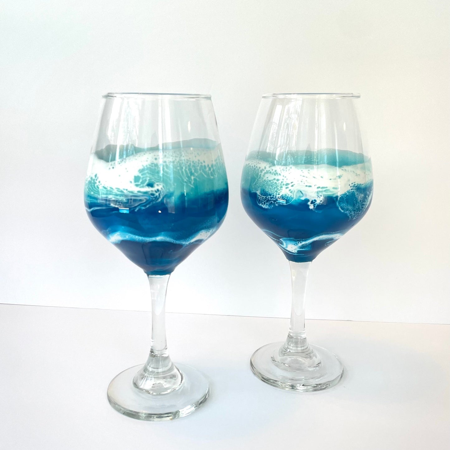 Pair of Ocean Inspired Stemmed Wine Glasses with Hand Painted Resin