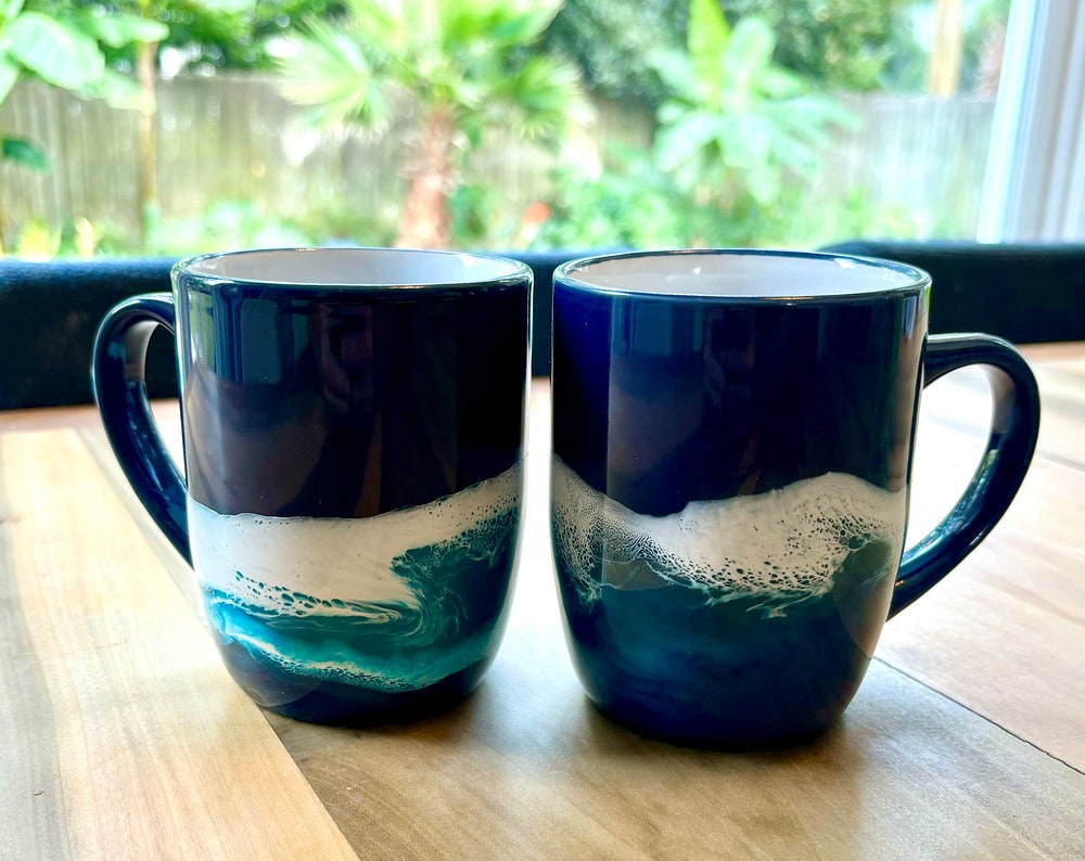 Pair of Ocean Wave Inspired Ceramic Mugs - Blue