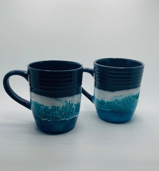Pair of Ocean Wave Inspired Ceramic Mugs - Blue