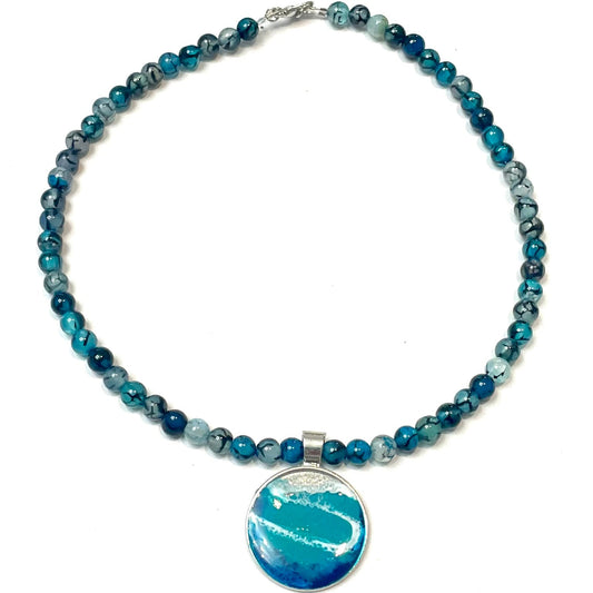 Natural Gemstone Beaded Necklace with Wave-Inspired Resin Pendant