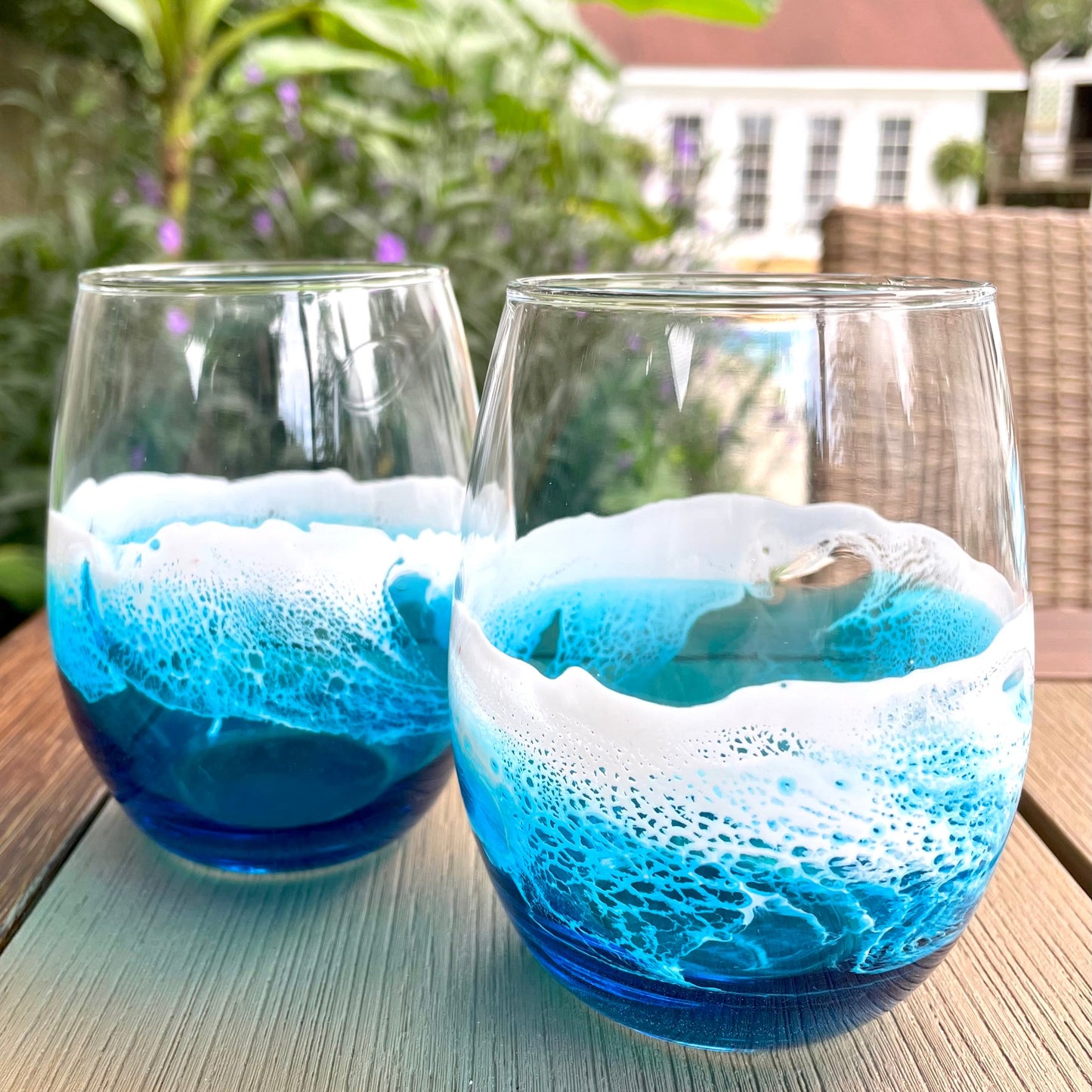 Pair Of Ocean Inspired Wine Glasses with Hand Poured Resin Waves
