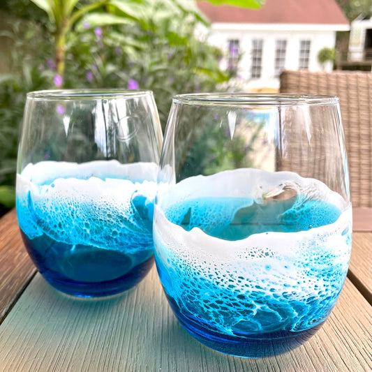 Pair Of Ocean Inspired Wine Glasses with Hand Poured Resin Waves