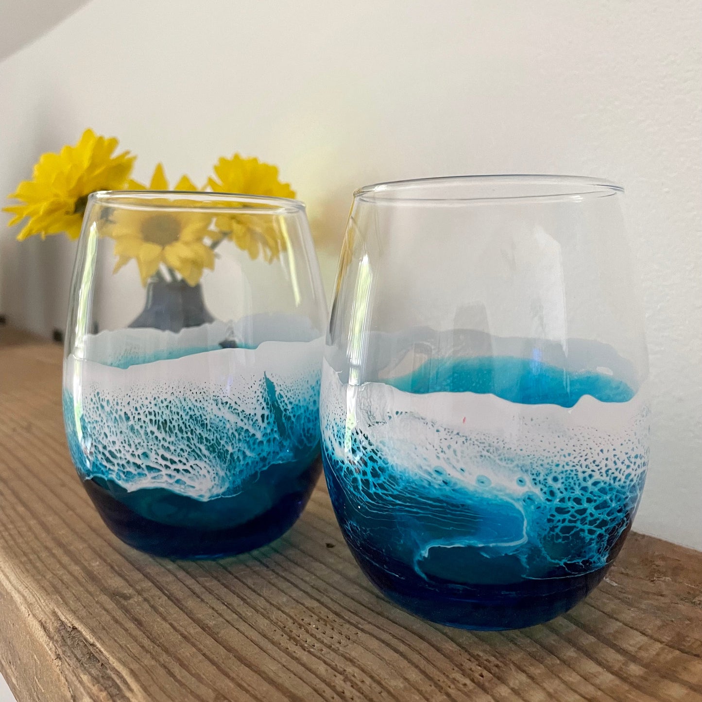 Pair Of Ocean Inspired Wine Glasses with Hand Poured Resin Waves