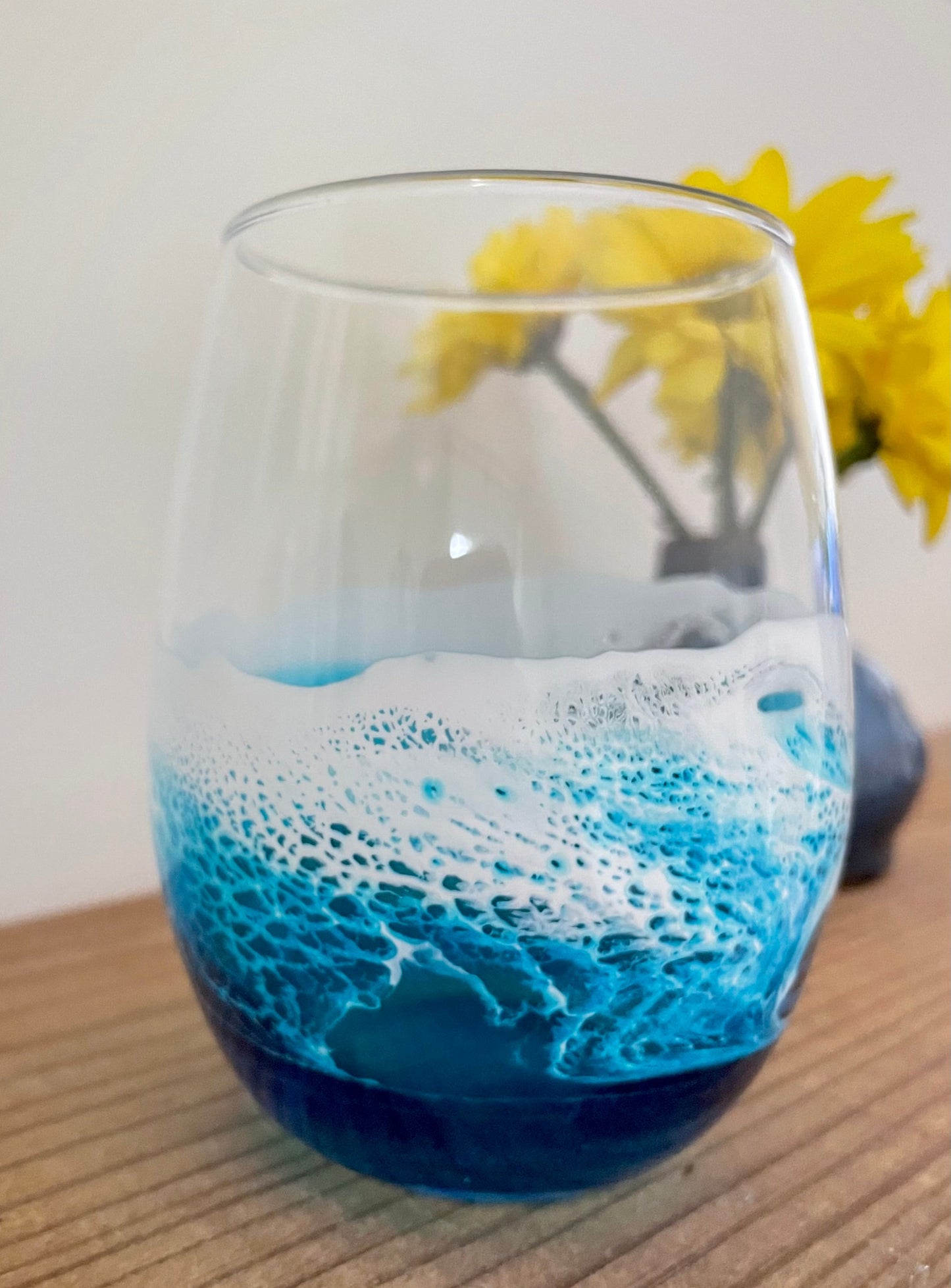 Pair Of Ocean Inspired Wine Glasses with Hand Poured Resin Waves