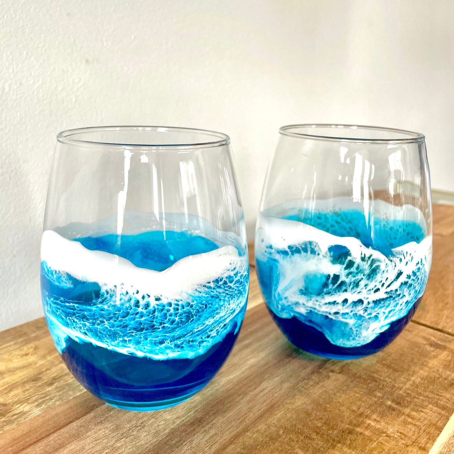 Pair Of Ocean Inspired Wine Glasses with Hand Poured Resin Waves