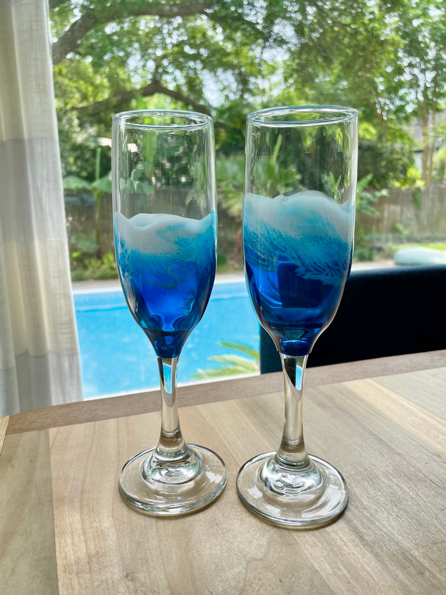 Pair of Ocean Inspired Champagne Glasses with Hand Painted Resin Waves