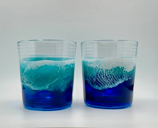 Pair Of Ocean Inspired Whiskey Glasses with Hand Poured Resin Waves