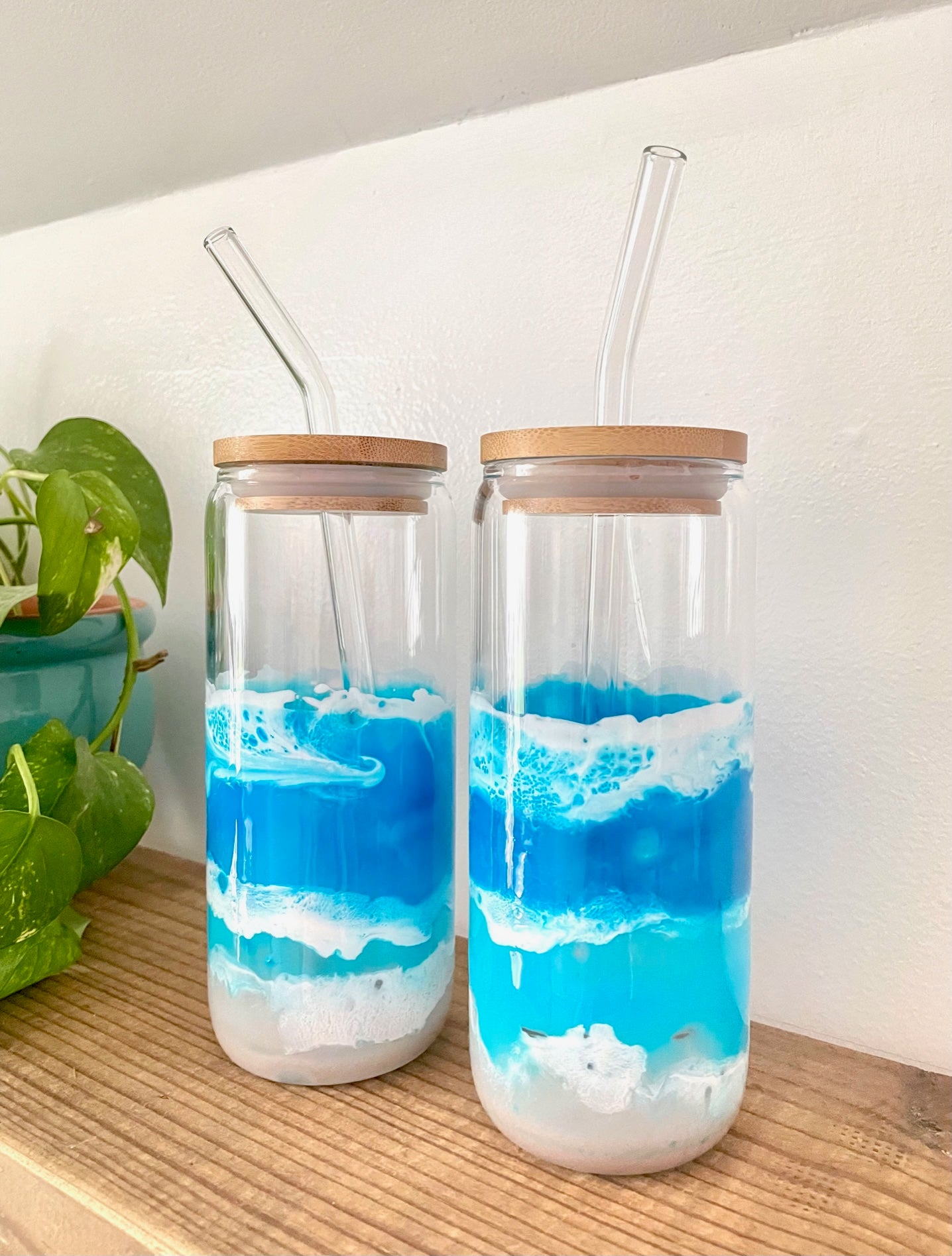 Beach Inspired Glass Tumbler with Hand Poured Resin Waves